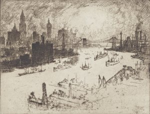 Naplemente, a Williamsburg hídról, 1915. alkotó: Joseph Pennell