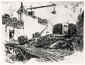 Pedron Miguel falai, XX. tábla a Panama-csatornából, Joseph Pennell, 1912 (szén papíron)