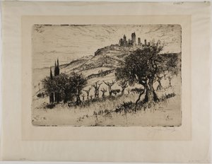San Gimignano tornyai, a falakon kívül alkotó: Joseph Pennell