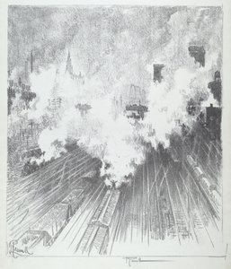 Vonatudvar, St. Louis, 1919. alkotó: Joseph Pennell
