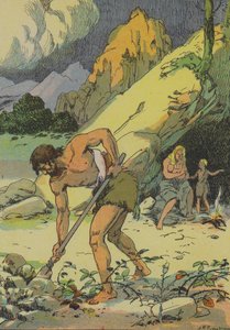 Ádám a földet műveli, miután kiűzték az Édenkertből (színes litográfia)