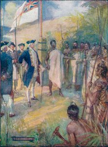 Cook elmesélte a maoriknak, hogy azért jött, hogy megjelölje szigeteiket, c1908, c1920. alkotó: Joseph Ratcliffe Skelton