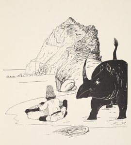 A Parsee elkezdi enni a tortáját a lakatlan szigeten. Illusztráció a „Just So Stories for Little Children”-ből, Rudyard Kipling, kocsma. London, 1951