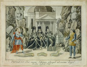 Tamino és Papageno a Három Hölggyel ... (metszet) alkotó: Joseph Schaffer