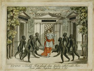 Tamino megszelídíti az állatokat a varázsfuvolával... (metszet) alkotó: Joseph Schaffer