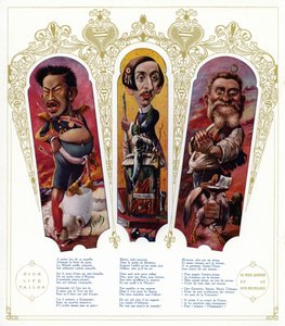 Karikatúrák: Meidzsi japán császár; Maurice Barres francia író és nacionalista politikus; Jean Jaures, francia politikus (színes litó)