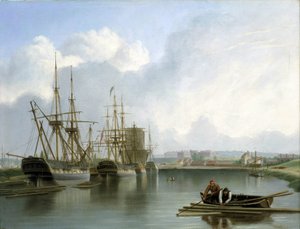 A bristoli (Anglia) dokkok leírása, ahol indián hajók kereskednek és amerikai faanyagot szállítanak, és a vízen úszó fa rakományok, amelyeket két férfi egy csónakban horoggal és géppuskával szed össze. alkotó: Joseph Walter