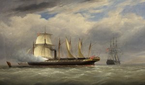 Az SS „Nagy-Britannia” gőz és vitorla alatt, egy hadihajó előtt tisztelegve