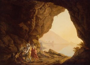 Grotto a tengerparton a Nápolyi Királyságban, Bandittival, naplemente alkotó: Joseph Wright of Derby