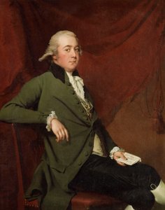 Edward Abney portréja háromnegyed hosszban ülve, zöld kabátban, levelet tart a vörös függönyön, 1780-as évek végén alkotó: Joseph Wright of Derby