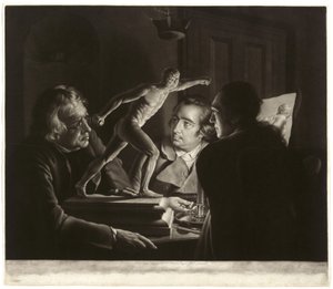 Három személy nézi a Gladiátort gyertyafénynél, William Pether metszet, 1769 alkotó: Joseph Wright of Derby