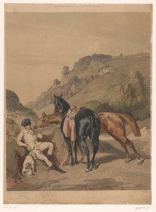 Két ló pihenő lovas a tájon Lovak Alfred de Dreux után (sorozat címe) Motifs équestres d