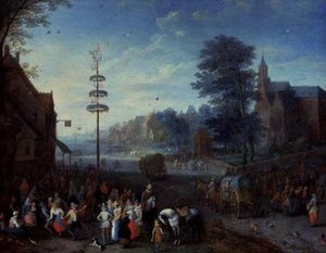 Falusi kermesse májusfa körül táncoló falusiakkal és utazókkal az úton alkotó: Joseph van Bredael
