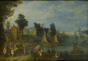 Falu a folyó partján alkotó: Joseph van Bredael