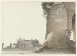 A Laterano-i San Giovanni-bazilika, a Minerva Medica templommal az előtérben A Laterano-i San Giovanni templom, jobbra az előtérben a Minerva Medica templommal, Rómában