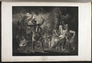 Macbeth.
IV. felvonás. I. jelenet.
Egy sötét barlang. Középen egy üst forr. Három boszorkány. Macbeth. Hekaté.
Macbeth szembenéz a boszorkányokkal és a jelenésekkel; lábainál, egy feltekeredett kígyó belsejében egy kis véres gyermek áll, és egy koronát 