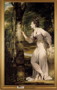 Egy nagy eleganciájú nő ad nevet egy fatörzsön, romantikus hangulatban. Joshua Reynolds (1723-1792) festménye. 18. század. Gyűjtemény privee – Mrs Lloyd teljes alakos portréja: Egy elegáns nő romantikus hangulatban nevet farag egy fatörzsre alkotó: Joshua Reynolds