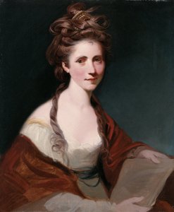 Angelica Kauffmann portréja, félhosszú fehér ruhában, piros kendővel alkotó: Joshua Reynolds