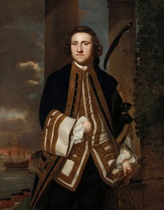 "George Edgecumbe kapitány (1720-1795) portréja, háttérben a Salisburyvel, egy 50 ágyús hajóval, amelynek kapitánya Edgecumbe volt. alkotó: Joshua Reynolds