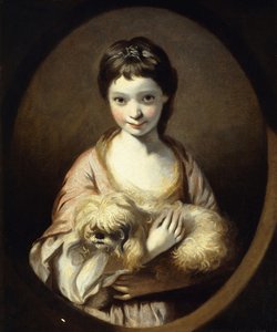 Miss Emilia Vansittart portréja, félhosszú, rózsaszín-fehér ruhát visel, kutyát tartva, 1767-68 körül alkotó: Joshua Reynolds