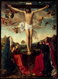 Kálvária. Keresztre feszítés Szűz Máriával és Szent Jánossal a kereszt lábánál. „INRI”” felirat a kereszten. San Sebastian mesterének vagy Josse Lieferinxe festménye (1493-1505 között tevékenykedett)