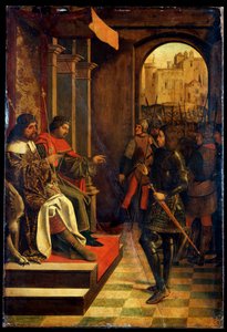 Szent Sebastien Diokletianus és Maximianus császár előtt, 15. század vége