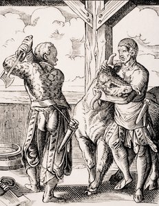 A hentes és asszisztense, Jost Amman (1539-91) 16. századi metszetének reprodukciója Paul Lacroix (1806-84) "Le Moyen Age et La Renaissance" című művéből, 1847-ben (litho) alkotó: Jost (after) Amman