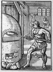 Egy pék, aki kenyeret süt a kemencében. Jost Amman (1539-1591) metszete 16. század. alkotó: Jost Amman