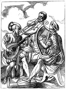 Gitáros, lantművész és harsonás, 1849. XVI. század. alkotó: Jost Amman