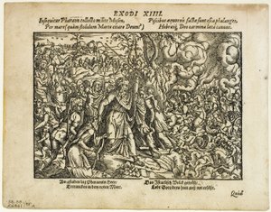 A Vörös-tenger átjárója (recto) és Jákob temetése (verso) a Neuwe Biblische Figurenből, 48. tábla a XVI. századi könyvek fametszeteiből alkotó: Jost Amman