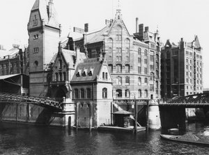 Kilátás a Speicherstadtra (raktárváros) Hamburg, 1910 körül