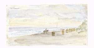 Tengerparti látkép lovassal és strandfotelekkel alkotó: Jozef Israëls