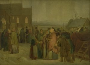 Parasztok a templomon kívül karácsony reggelén