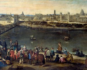 Kilátás Zaragoza városára (Zaragoza) 1646-ban A folyó mentén urakat és kereskedőket ábrázoló részlet. Juan Bautista del Mazo (1612-1667) festménye 1646 Madrid, Prado Múzeum