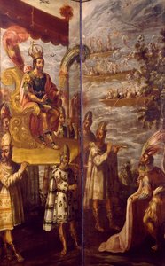 Montezuma, részlet Cortes és Montezuma találkozásából, Juan Correának (1645-1716) tulajdonított képernyő, olaj, vászon, 250x600 cm alkotó: Juan Correa