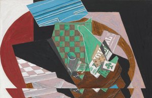 Sakktábla és játékkártyák, 1915 (guache, grafit és gyanta krémszínű szőtt papíron, kartonra szerelve) alkotó: Juan Gris