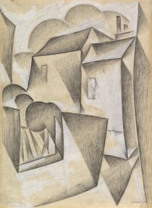 Házak Párizsban, Place Ravignan, 1911 (fekete kréta és gouache fehér fektetett papíron) alkotó: Juan Gris