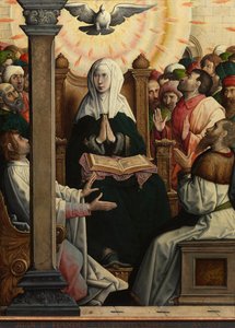 "Pünkösd" (Pünkösd) Juan de Flandes festménye (vers 1465-1519) 1514-1519 Méret: 110x84 cm Museo del Prado, Madrid alkotó: Juan de Flandes