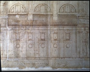 A valladolidi katedrális Santa María téri homlokzatának külső részletének magassági részlete (rajz) alkotó: Juan de Herrera