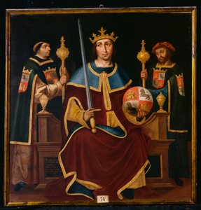 Szent Ferdinánd trónoló két udvaroncsal
