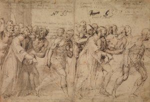Tanulmány Szent István vértanúságához vezetéshez, 1566 (toll és barna tinta, szürke mosás és (később?) vörös kréta nyomai a papíron) (recto) alkotó: Juan de Juanes Juan de Juanes