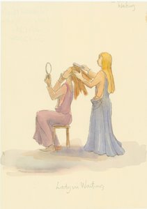 Várakozó középkori hölgy, aki egy hölgy haját fésüli, 2004. alkotó: Judith Dobie