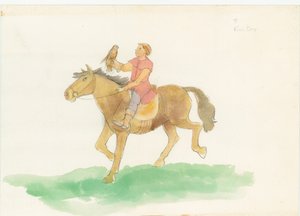 Egy középkori férfi, aki lovon ül, karján ragadozó madárral, 2004. alkotó: Judith Dobie