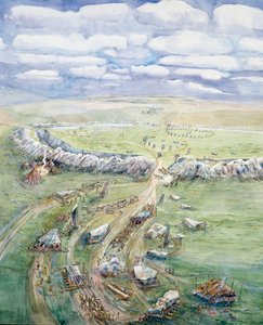 Avebury Henge építés alatt (akvarell, papír) alkotó: Judith Dobie