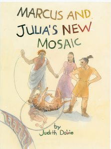 Három római karakter és egy kutya mozaikkal az előtérben, 2003. alkotó: Judith Dobie