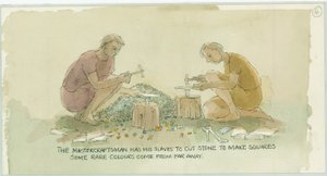 Két karakter követ vág, hogy kis négyzeteket készítsen a mozaikművésznek, 2003. alkotó: Judith Dobie