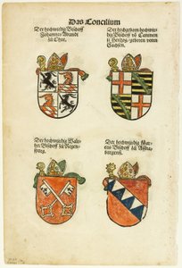 Püspöki címerek (recto és verso) a Das Concilium so zu Constantz című kötetből, 26. tábla a Woodcuts from Books of the XVI Century című kötetből.