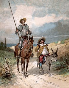 Don Quijote és Sancho Panza, Miguel de Cervantes "Don Quijote története" című könyvének illusztrációja, metszet Jules David után