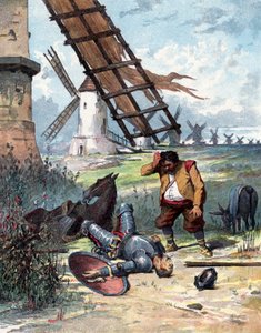 Don Quixote has fought with windmills and fallen form his horse, Sancho Panza looking at his master, illustration of book by Miguel de Cervantes "Histoire de Don Quichotte", engraving after Jules David