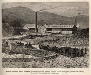 Mexikói arastrák (az öszvérek lábától taposott terület, mint a bles taposása miatt) ezüstércek köszörülésére és egyesítésére (Gould és Curry gyárak) Virginia City (Nevada) környékén, metszet J.Ferat rajza után , illustrati alkotó: Jules (after) Ferat